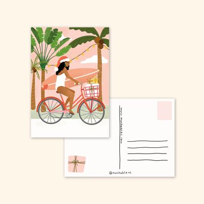 Kerstkaart / Christmas card - illustratie cute Christmas girl bike & surfboard