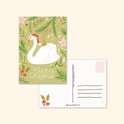 Kerstkaart / Christmas card - illustratie cute Christmas swan pattern plants