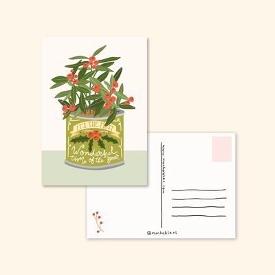 Kerstkaart / Carte de Noël - illustratie plante mignonne dans une boîte en métal vintage