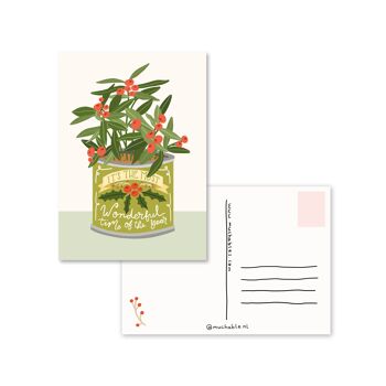 Kerstkaart / Carte de Noël - illustratie plante mignonne dans une boîte en métal vintage 2