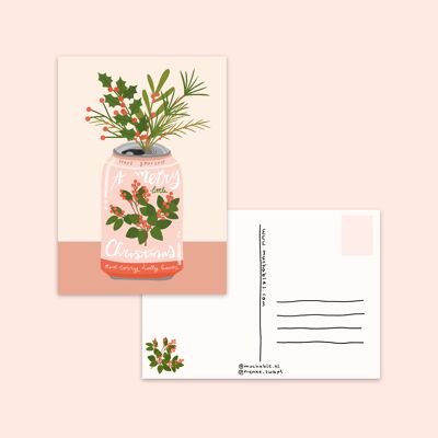 Kerstkaart / Christmas card - illustratie metal can/blikje/vaas met bloemen