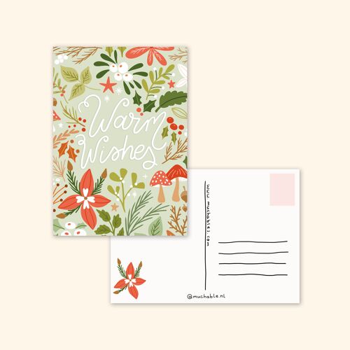 Kerstkaart / Christmas card - illustratie quote Christmas warm wishes plants