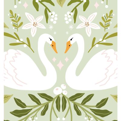 Minikaart - etiqueta de regalo patrón de ilustración de Navidad cisnes