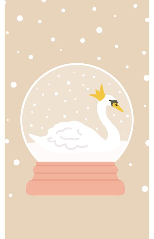 Minikaart - gift tag Christmas illustration swan snow globe
