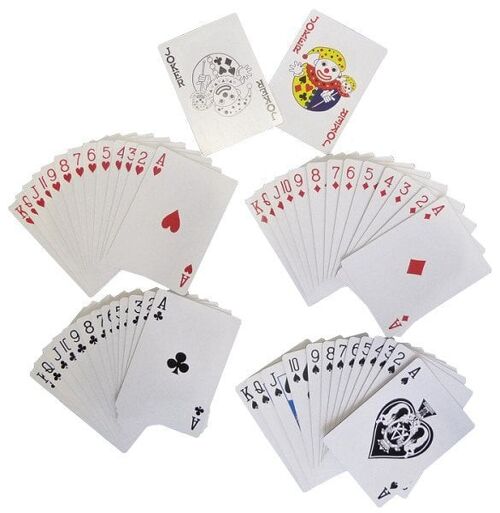 Speelkaarten plastic coated rood of blauw. Pak a 10 pakjes met 52 kaarten en twee jokers.