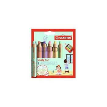 Set de crayons de couleur 3 en 1 Stabilo Woody avec étui taille-crayon de 6 couleurs pastel