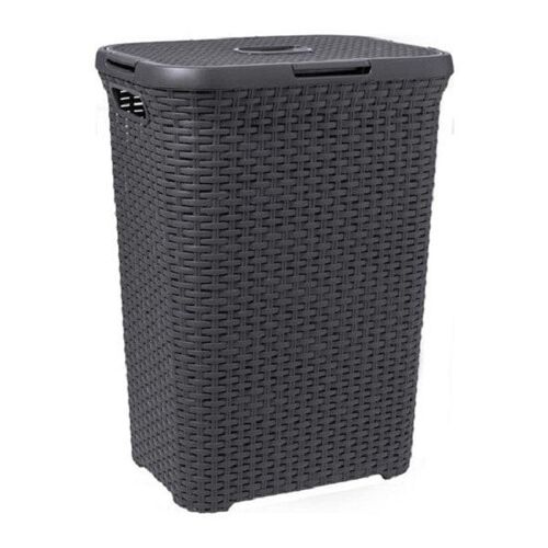 Curver Style wasbox met deksel rotanstyle 60 liter antraciet 45x34x62 cm