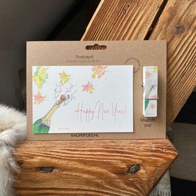 Aimant pince à linge en bois avec carte "Happy New Year"