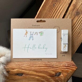 Aimant pince à linge en bois avec carte "Hello Baby" 1