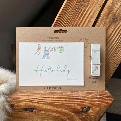 Imán de pinza de madera con tarjeta "Hello Baby"