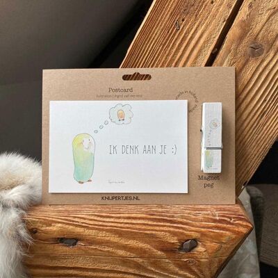 Hölzerner Wäscheklammermagnet mit Karte "Ich denke an dich"