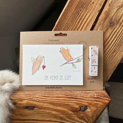 Aimant pince à linge en bois avec carte "Je t'aime"