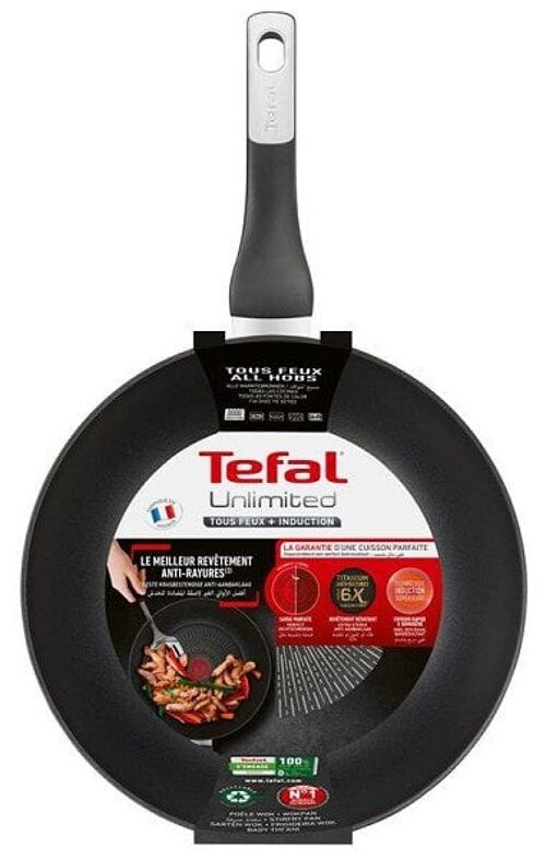 Tefal Unlimited Wokpan 28cm van aluminium met titainium coating, geschikt voor alle warmtebronnen, inclusief inductie