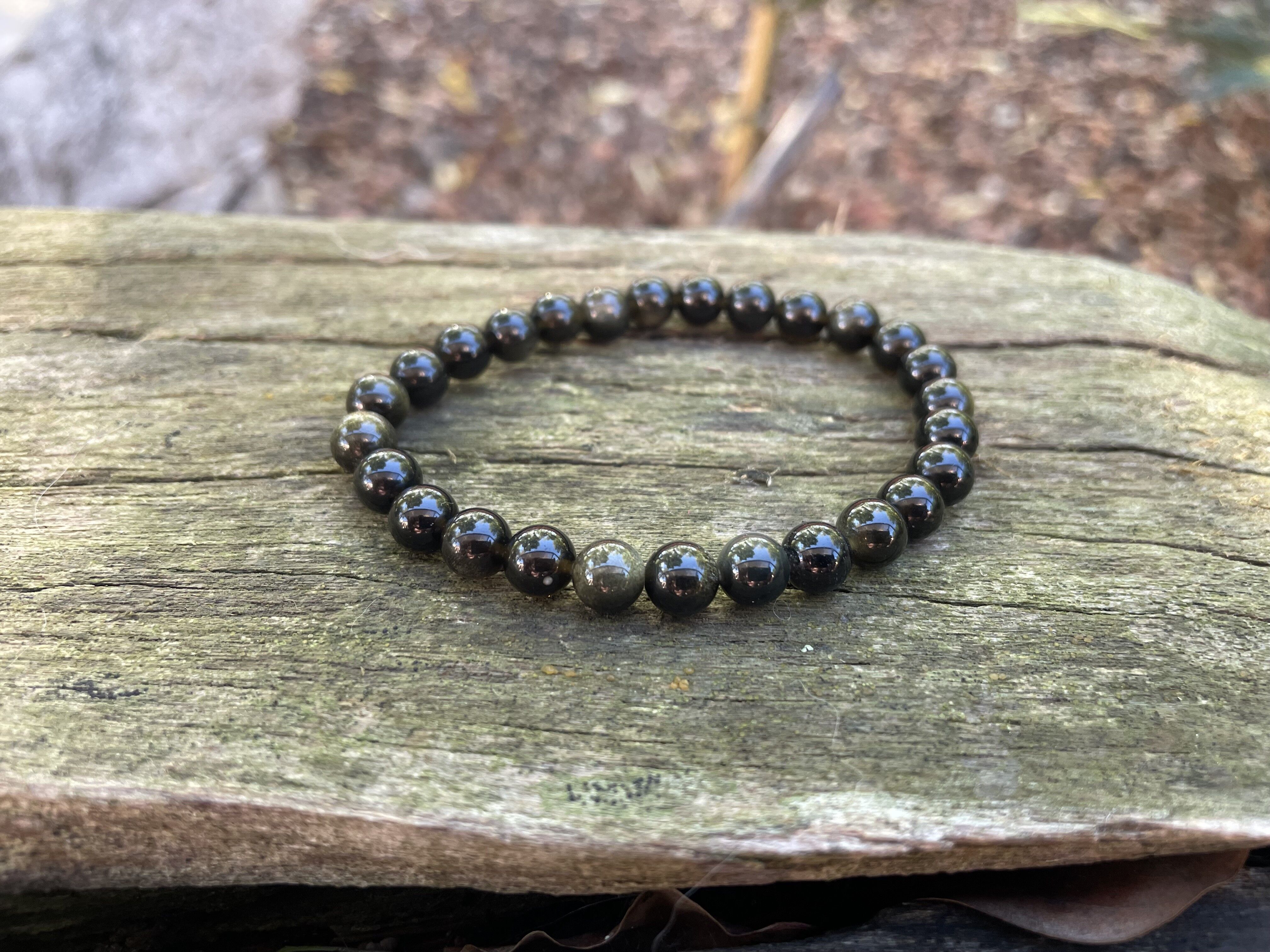 Elastisches Lithotherapie-Armband aus goldenen Obsidianperlen 6 mm