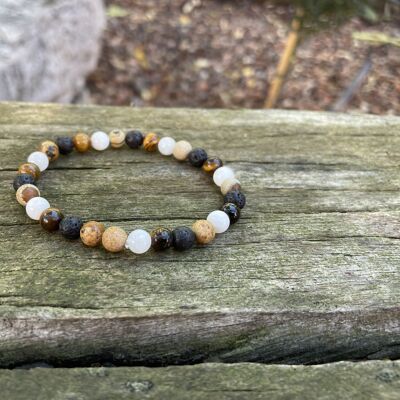 Elastic bracelet of Lithotherapy in Moonstone, Lava Stone, Image Jasper and Tiger's Eye