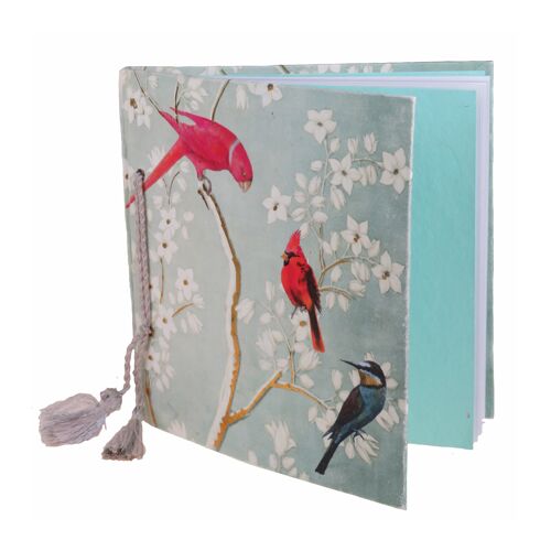 Livre d'or carré motif oiseaux perroquet et exotiques XVIIe fond bleu doux menthe