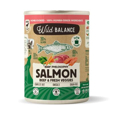 BARF Saumon et Bœuf en Conserve Vapeur avec Légumes Frais pour Chiens 400gr