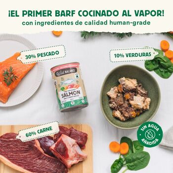 BARF Saumon et Bœuf en Conserve Vapeur avec Légumes Frais pour Chiens 400gr 2