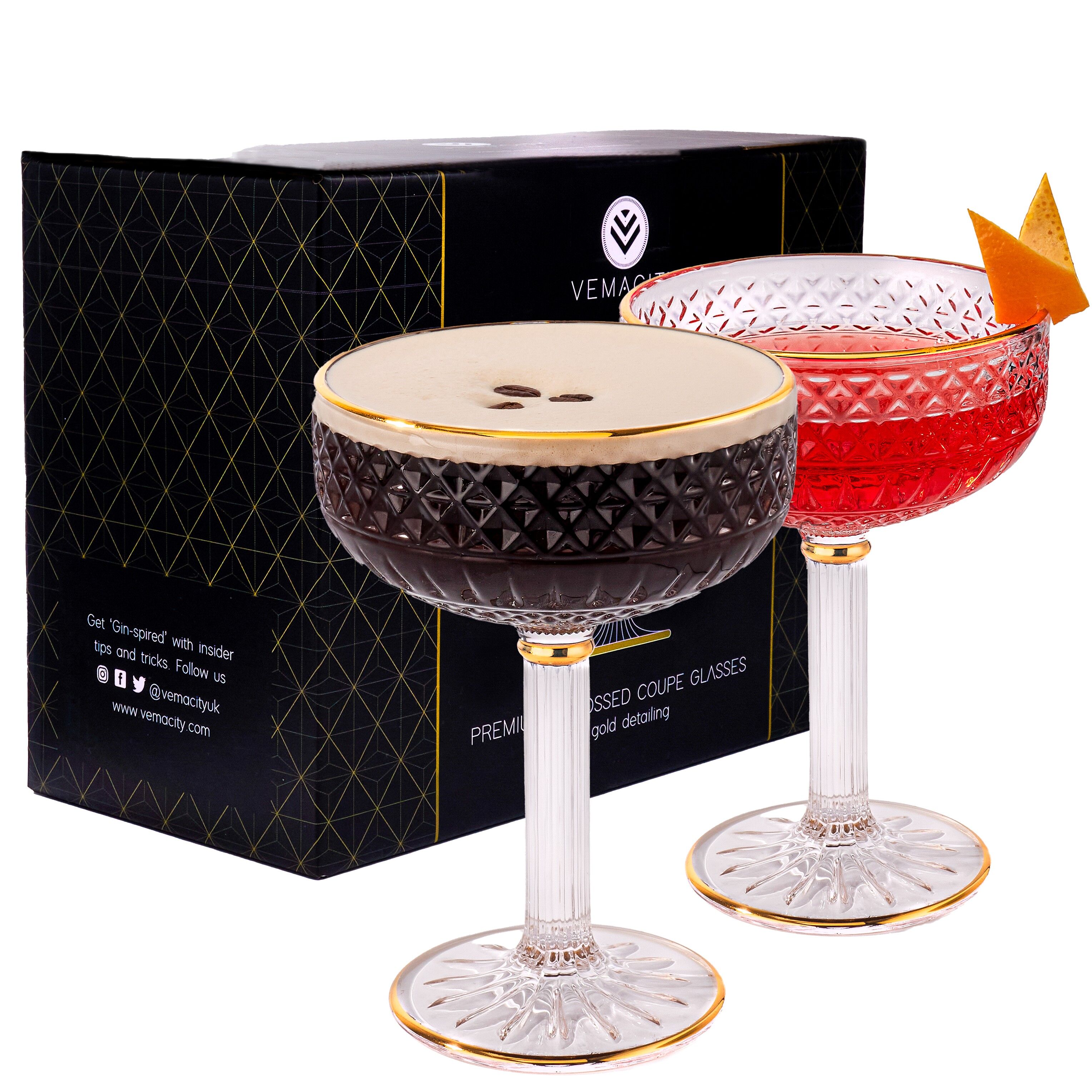 Buy wholesale 2 Elegant Embossed Coupe Cocktail Glasses Set For Gin Lovers