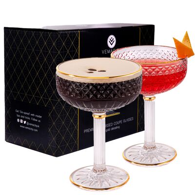Juego de 2 elegantes copas de cóctel Coupe grabadas en relieve para los amantes de la ginebra
