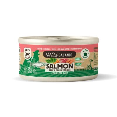 Lata - BARF cocinado al vapor en lata de Salmón y Ternera con verduras frescas para Gatos 120g