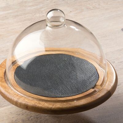 Cheese cloche with wooden and slate platter