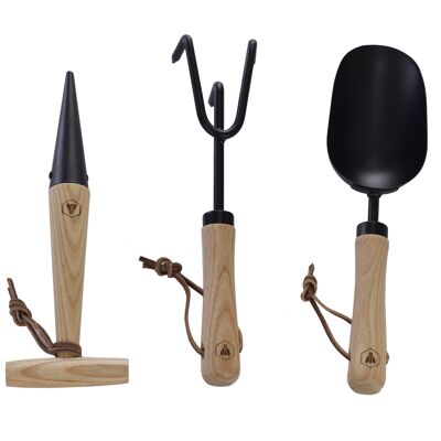 Kit de 3 herramientas de plantación negras y de madera.