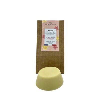 Organic surgras soap with tiare flower and cherry tree.