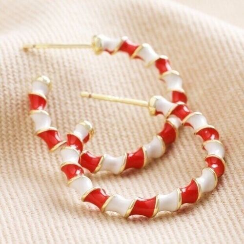 Red and White Twisted Enamel Hoops in Gold