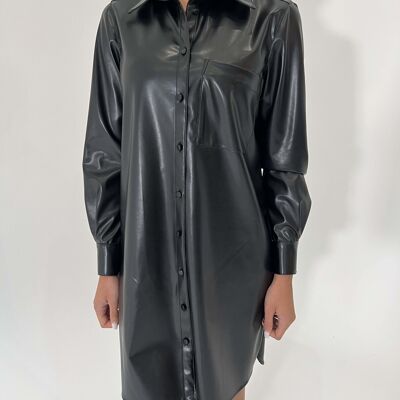 RITA - BLACK faux leather shirt-dress