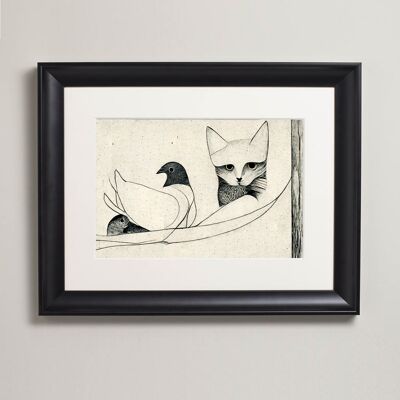 Gato entre las palomas Fine Art Print