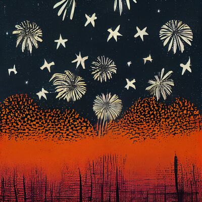 Fuochi d'artificio sulla foresta stampa d'arte