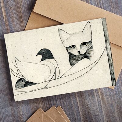 Cartolina d'auguri gatto tra i piccioni