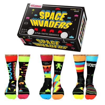 SPACE INVADERS | 6 Odd Socks Adult Gift Box - United Oddsocks| UK 6-11, EUR 39-46, US 6.5-11.5