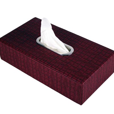 Boîte à mouchoirs rectangulaire en simili cuir croco rouge bordeaux mat avec anneau en acier inoxydable