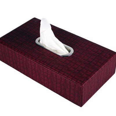 Boîte à mouchoirs rectangulaire en simili cuir croco rouge bordeaux mat avec anneau en acier inoxydable