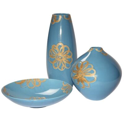 VALY bleu turquoise 2 vases 39 et 25cm et 1 coupe 33cm