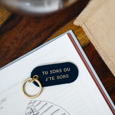 Leather message keyring - blue - you're going out or I'm going out