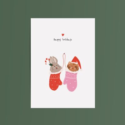 Card Christmas Socks Rabbit Cat