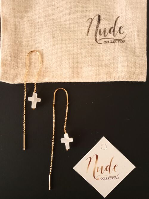 Boucles acier avec croix en nacre naturelle