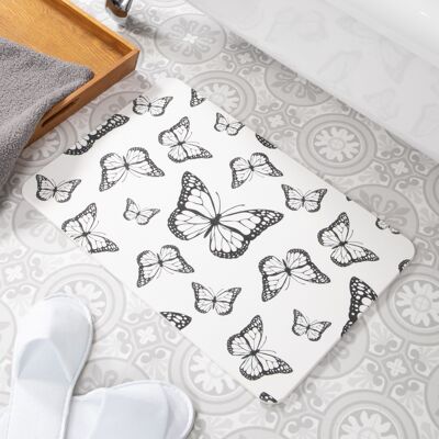 Tapis de bain antidérapant papillon en pierre blanche