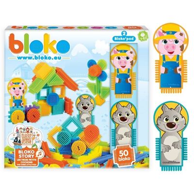 Schachtel mit 50 Bloko + 2 Pods-Figuren – 3 kleine Schweinchen und der Wolf – ab 12 Monaten – 503709