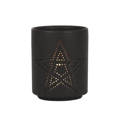 Kleiner schwarzer Teelichthalter mit ausgeschnittenem Pentagramm