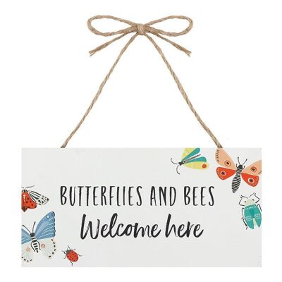 Cartel colgante de jardín con abejas y mariposas Bienvenido aquí