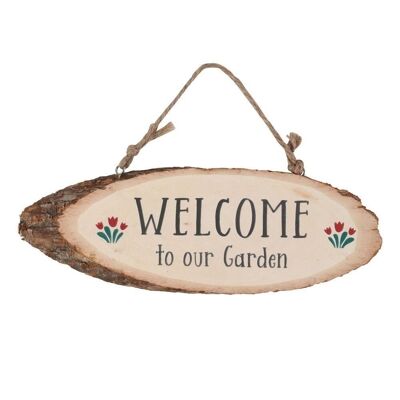 Welcome To Our Garden Panneau suspendu en tranches de bois