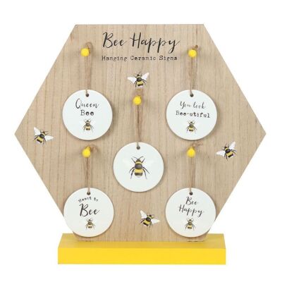 Exhibición de letrero colgante de cerámica Bee Happy
