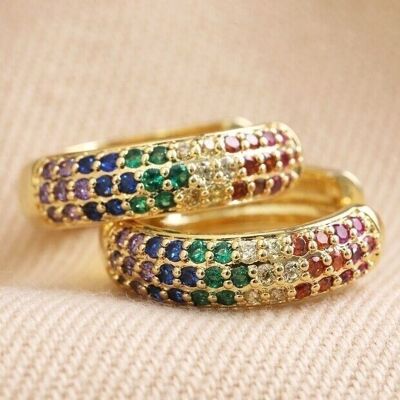 Wide Rainbow Crystal Hoop Earrings in Gold