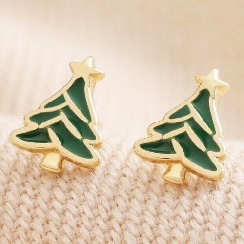 Enamel Christmas Tree Stud Earrings in Gold