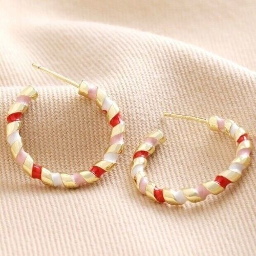 Red, White and Pink Twisted Enamel Hoop Earrings in Gold