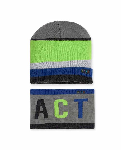 Gorro y cuello tricot de niño color gris y verde de la colección active - 11339410